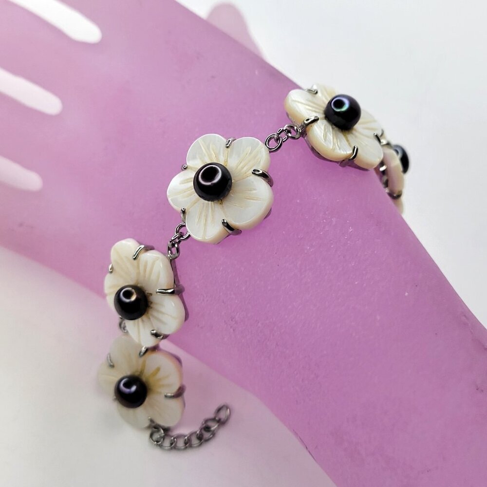 Genuine Pearl Bracelet with Mother of Pearl Petals and Black Pearl Bracelet